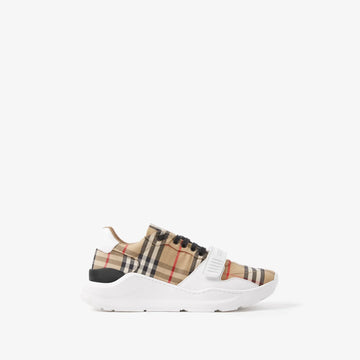 Sneaker aus Check-Gewebe, Veloursleder und Leder