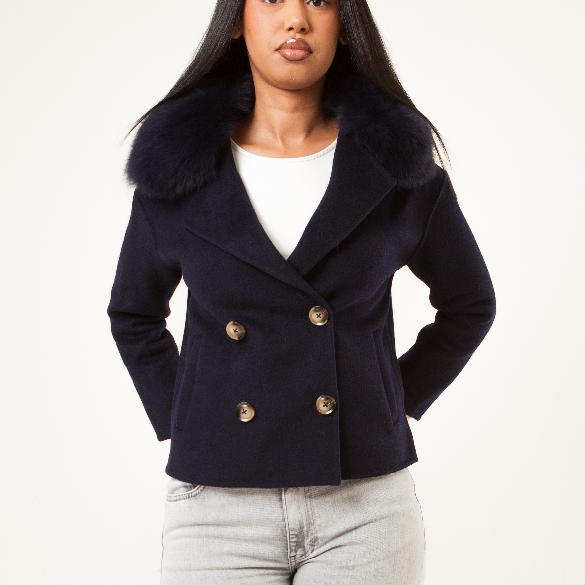 Double Button Cashmere Coat - Navy